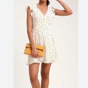 Lulus white and yellow Floral Print Backless Skater Dress